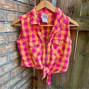 Y2K At Last Pink and Orange Plaid Crop Top w/ Tie
